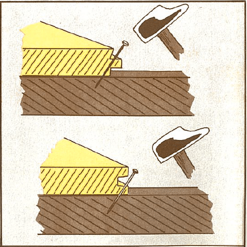 Clouage parquet rainure languette : Guide de pose facile Pose d'un plancher rainure languette: clouer le parquet en biais dans la languette avec un marteau.