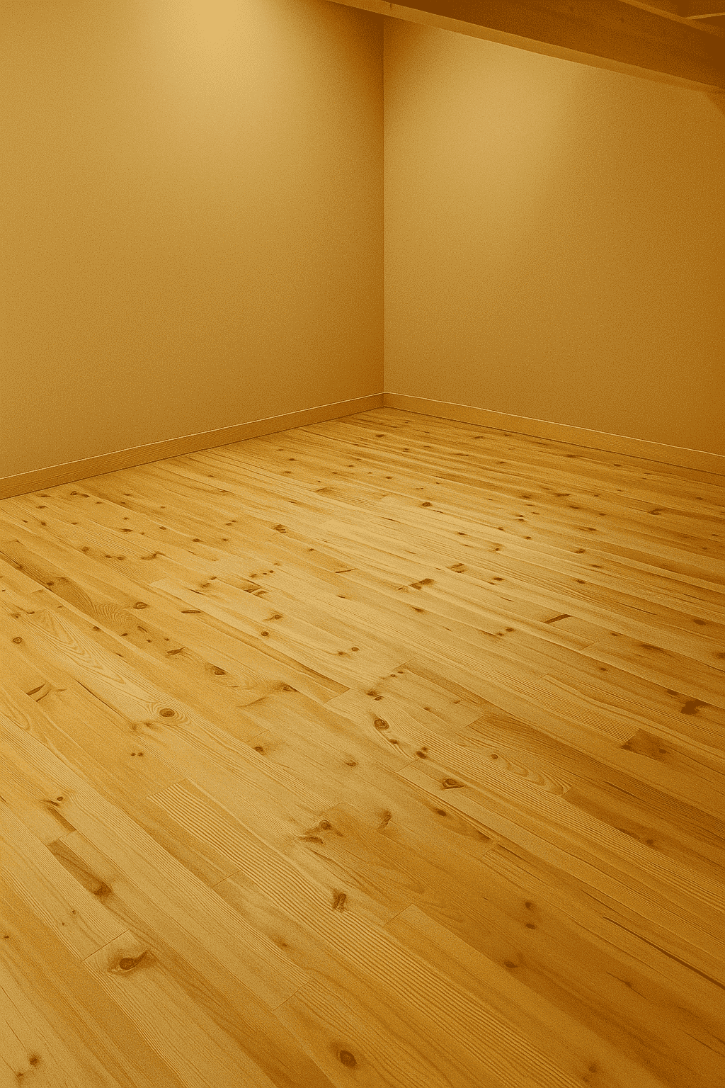 Coin de pièce vide avec parquet en bois clair et murs beiges, lumineux et prêt à être aménagé.