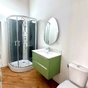 Salle de bain moderne lumineuse : cabine de douche, meuble vasque vert, miroir ovale, WC et sol en bois. Murs blancs.
