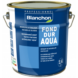 Bidon bleu Blanchon Fond Dur Aqua 2,5L, primaire pour bois intérieur. Respecte la couleur naturelle, recommandé avant finitions AQUA.