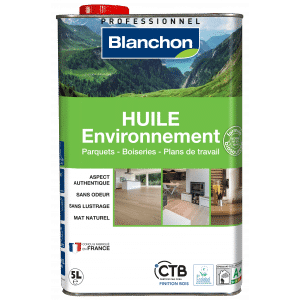Huile Blanchon Environnement 5L pour parquets, boiseries, plans de travail. Aspect authentique, sans odeur, mat naturel. Certifié CTB, Ecolabel, A+.