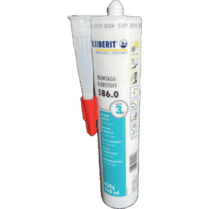 Tube de colle de montage KLEIBERIT 586.0 pour polystyrène, 450g/310ml, avec buse. Temps ouvert 3 min, résiste -25°C à +80°C. EXP 25.10.2025.